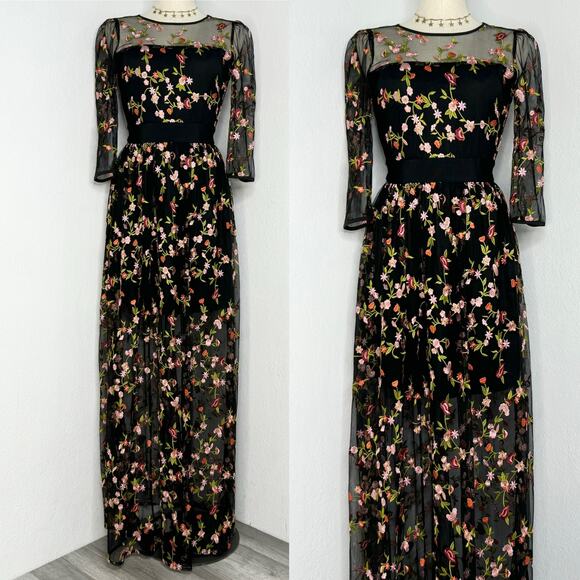 Olivaceous Long Black Floral Dress with Mesh Top Layer Size Small - Picture 1 of 12